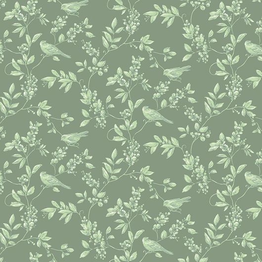 Метровые флизелиновые зеленые обои в детскую или спальню из коллекции Neo Classic с   растительным рисунком и птицами